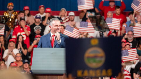 Kansas Senate President Ty Masterson speaks ahead of President Donald Trump's rally Oct. 19, 2026, at Heartland Credit Union Arena in Park City. Masterson called for former state employee Katie Allen to be fired last year over a comment she made when Charlie Kirk was killed.