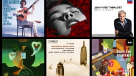 Six album covers for tracks included in this blog post, arranged in a grid on a black background.