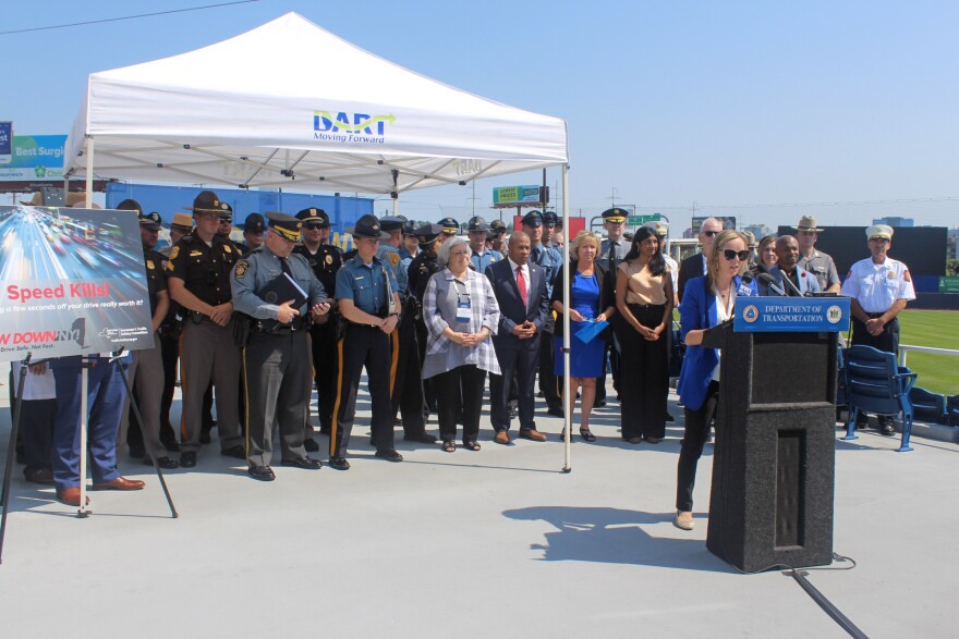 Delaware Secretary of Transportation Nicole Majeski is joined by state and regional representatives in announcing the speeding enforcement campaign.