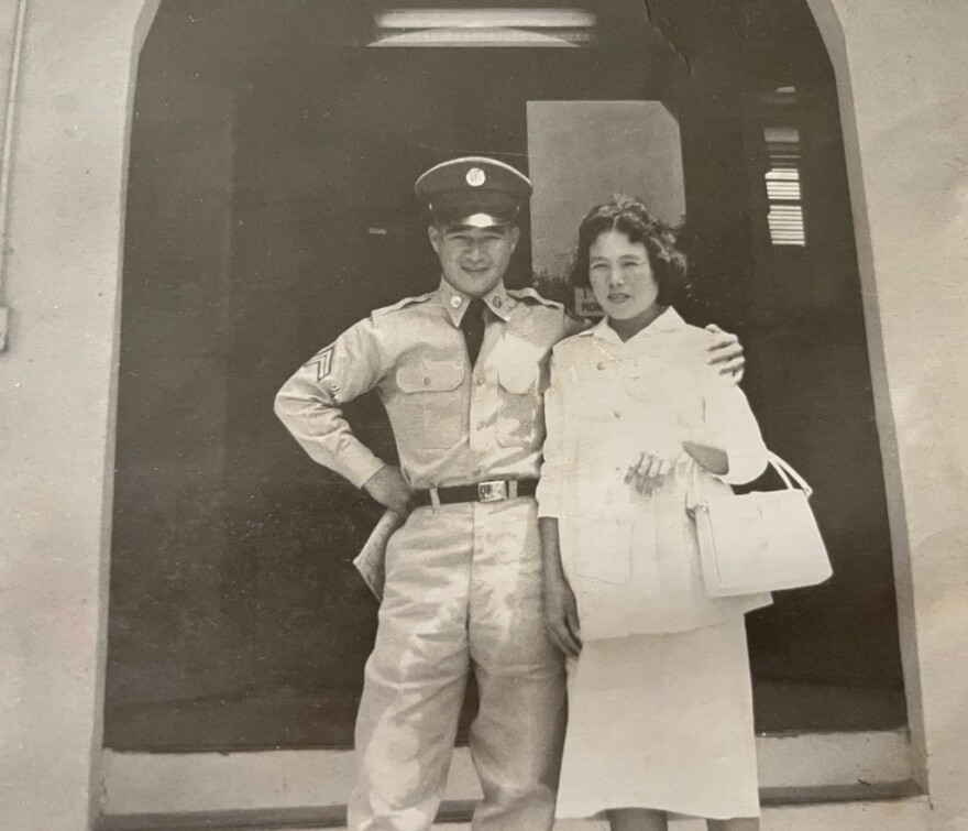 Staff Sgt. Edward Kaneshiro poses for a photo with his wife, Mitsuko Kaneshiro.