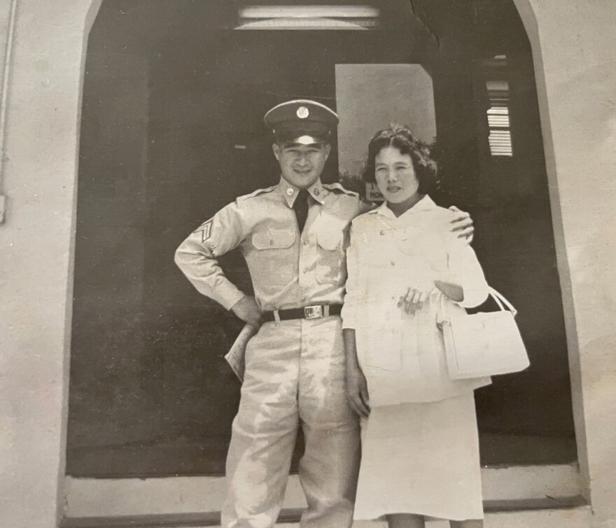 Staff Sgt. Edward Kaneshiro poses for a photo with his wife, Mitsuko Kaneshiro. She died on April 10, 2022, at the age of 90.