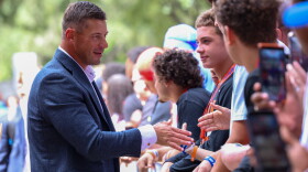 Florida Head Coach Jon Sumrall greets fans during the Gator Walk before the Gators game against Campbell, Saturday, Sept. 12, 2026 in Gainesville, Fla. (Reagan Bresnahan/ WRUF) [insert verb]