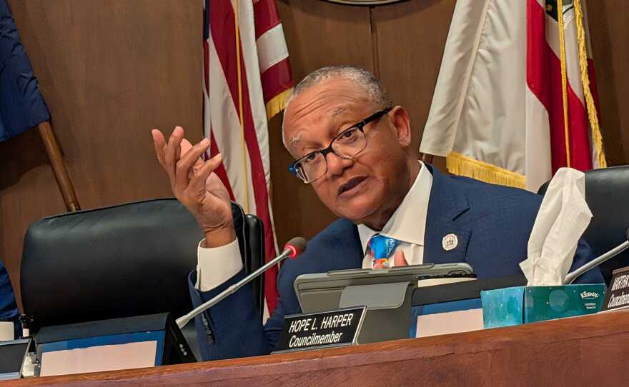 Hampton Mayor Jimmy Gray addresses questions about the city's camping ban from the dais on Wednesday, March 8, 2026.