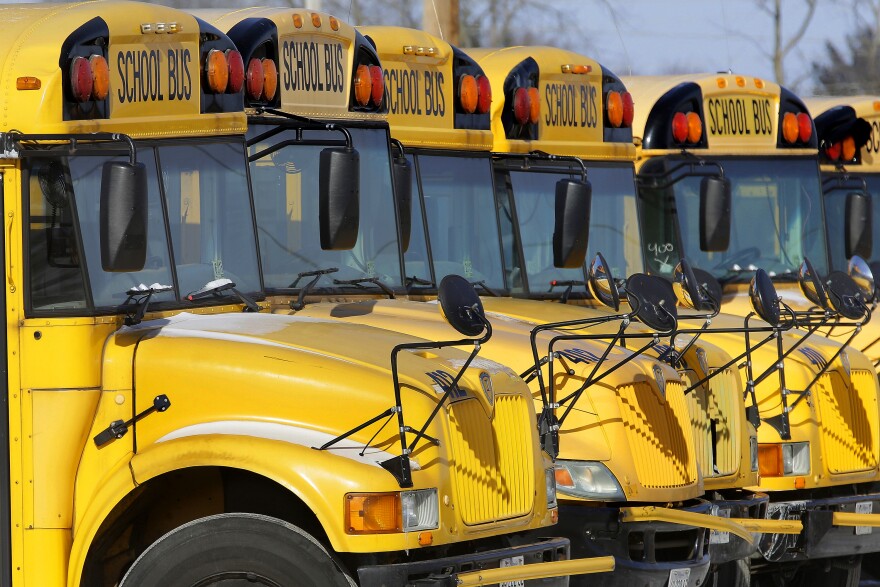 About 5 yellow school buses are parked closely together in a line. The front of the buses are visible, the windshields and hoods. 