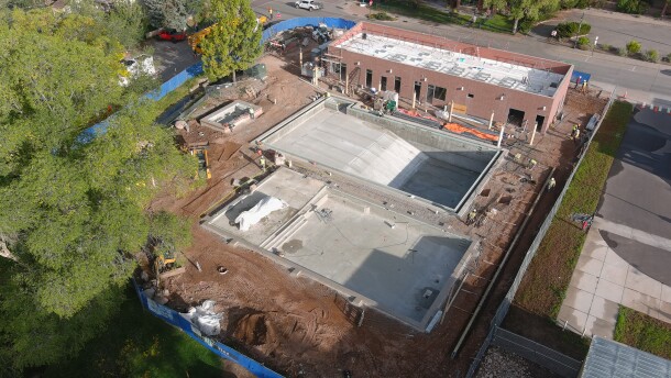 Crews work on the final construction stages of the Carbondale Aquatic Center in Oct. 2025. The facility will have a lap pool, a recreation pool, and spa, as well as a bathhouse and gathering spaces