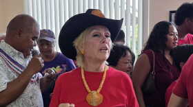 Keli Tenorio, Northern Islands mayoral candidate responds to a reporter's question lon August 3, 2026