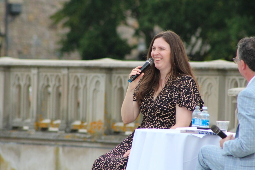 Alison Espach, author of the New York Times bestseller "The Wedding People", speaks during a seaside conversation at Salve Regina University in Newport. The event was sponsored by the Pell Center, the Rhode Island Center for the Book and Ocean State Media. Credit: Allison Magnus