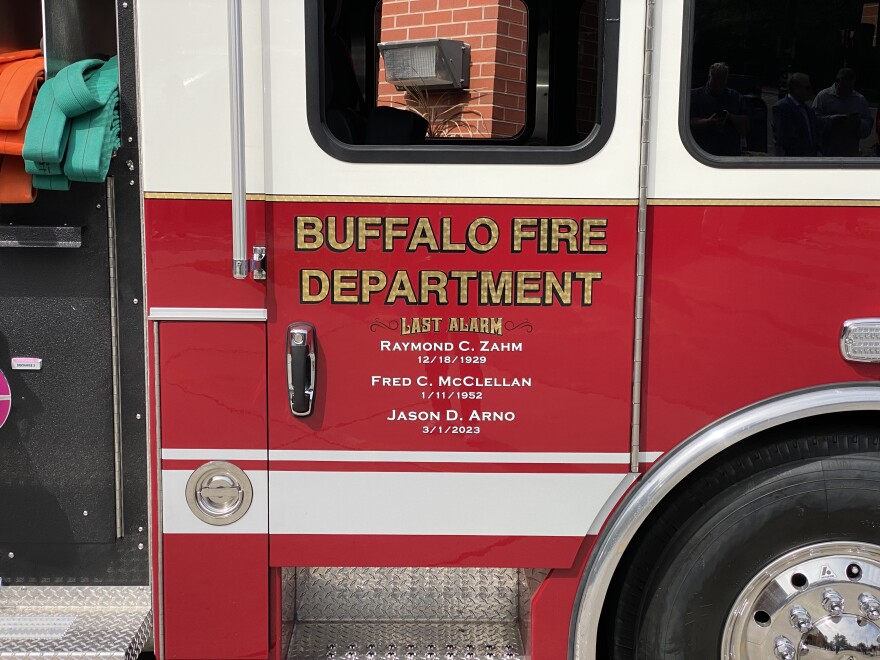 new Engine 2 fire truck with the Jason Arno's name at Company 2 Fire House