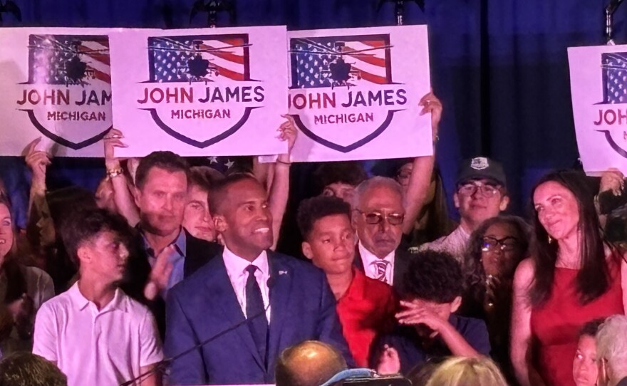 Democratic nominee "Jocelyn Benson promises a new direction, but she’s been a part of the leadership that got us lost in the first place," U.S. Rep. John James told supporters at his victory party Tuesday night, August 4, 2026.