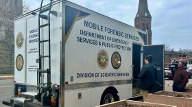 The Mobile Forensic Services van parked outside the New Britain Police department on March 19, 2026.