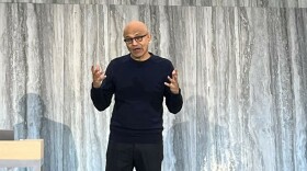 Microsoft CEO Satya Nadella presenting at the company's headquarters in Redmond, Washington.
