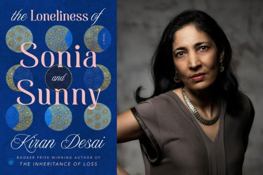 The cover of "The Loneliness of Sonia and Sunny" and author Kiran Desai. (Courtesy of Hogarth and Michael Sharkey)