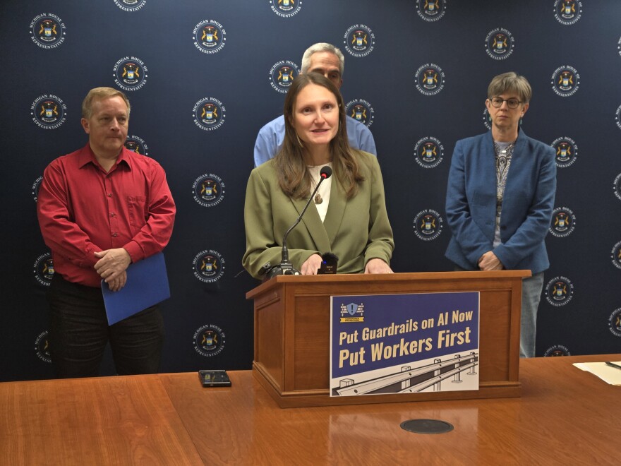 State Representative Penelope Tsernoglou (D-East Lansing) speaks at a February 23, 2026, news conference announcing legislation to put guardrails around AI monitoring of employees' computer use.