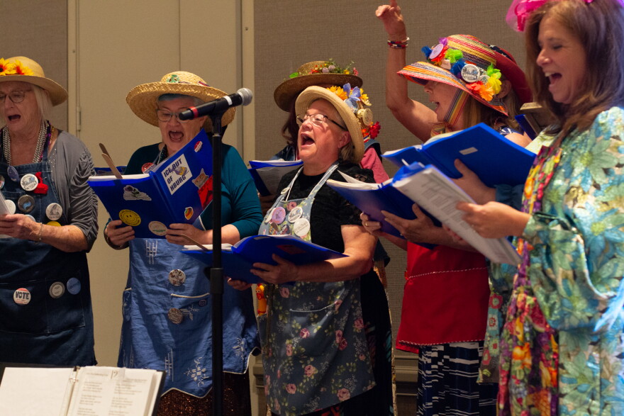 The Rocktown Raging Grannies' founder, Dale Diaz, told the crowd, "we are out in the streets promoting peace, justice, and economic and social equality through song and humor."