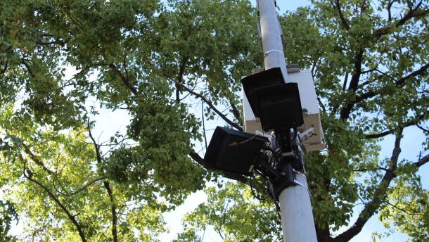 A Motorola-brand automatic license plate reader camera operated by the Chico Police Department in Chico, California on Wednesday, Aug. 12, 2026.