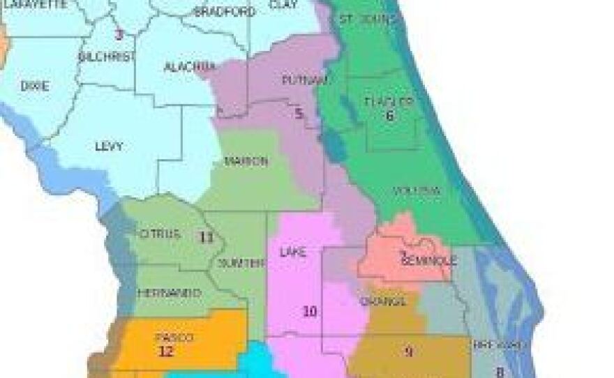 Florida's 5th Congressional District, seen in dark purple, meanders from Jacksonville to Orlando. To meet requirements that maps be compact, the court said it would have to be radically redrawn.
