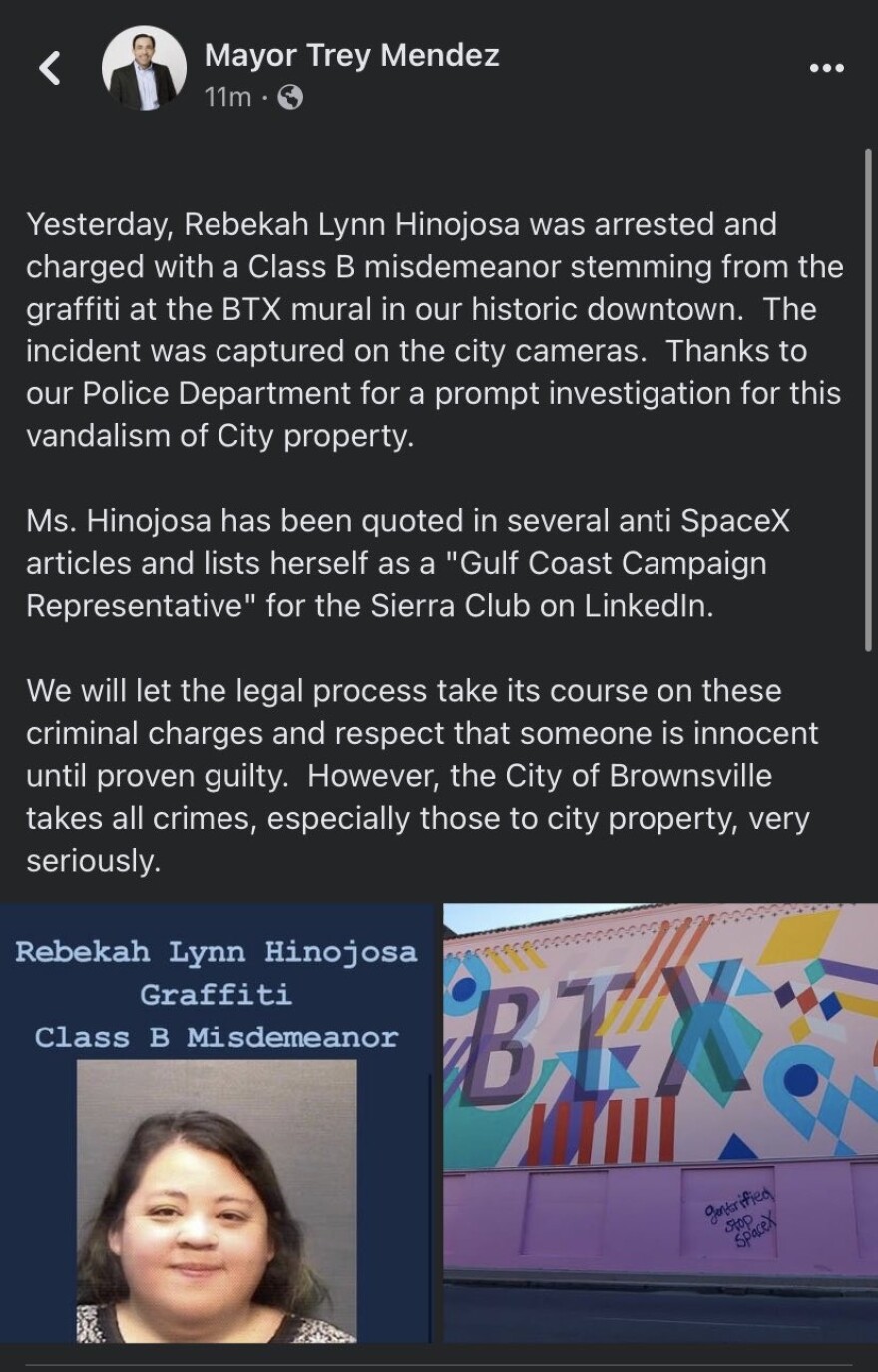 Brownsville Mayor Try Mendez's Facebook post on Rebekah Hinojosa's arrest. Mendez has since deleted portions of the post listing Hinojosa's occupation and organizing information.