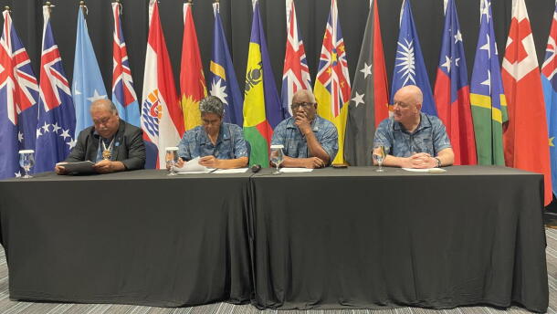 At the Pacific Islands Forum in Koror, Palau, from left, Forum Secretary General Baron Waqa, Palau President Surangel Whipps Jr., Solomon Islands Foreign Minister Rick Houenipwela and New Zealand Prime Minister Christopher Luxon on Sept. 3, 2026.