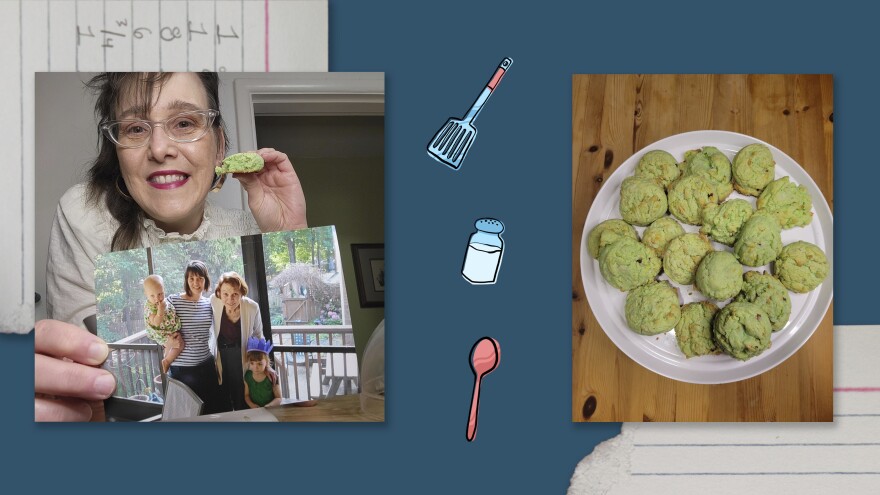 Allison Stines holds a photo of her family while she eats a family-favorite cookie: Martian droppings.