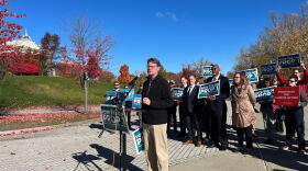 Blair Horner with New York Public Interest Research Group speaks Thursday, Oct. 27, 2022, in favor of the $4.2 billion Environmental Bond Act on this year's ballot. He was part of a news conference held along the Hudson River in Albany. (Karen DeWitt / New York State Public Radio)