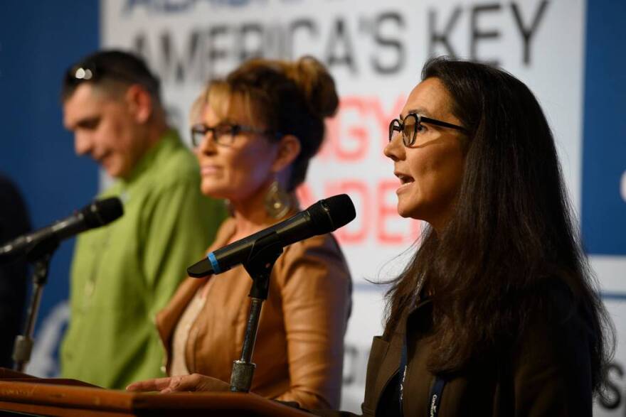 Mary Peltola, right, answers a question during a U.S. House candidate forum at the Alaska Oil and Gas Association annual conference, held at the Dena’ina Center in Anchorage on Wednesday.