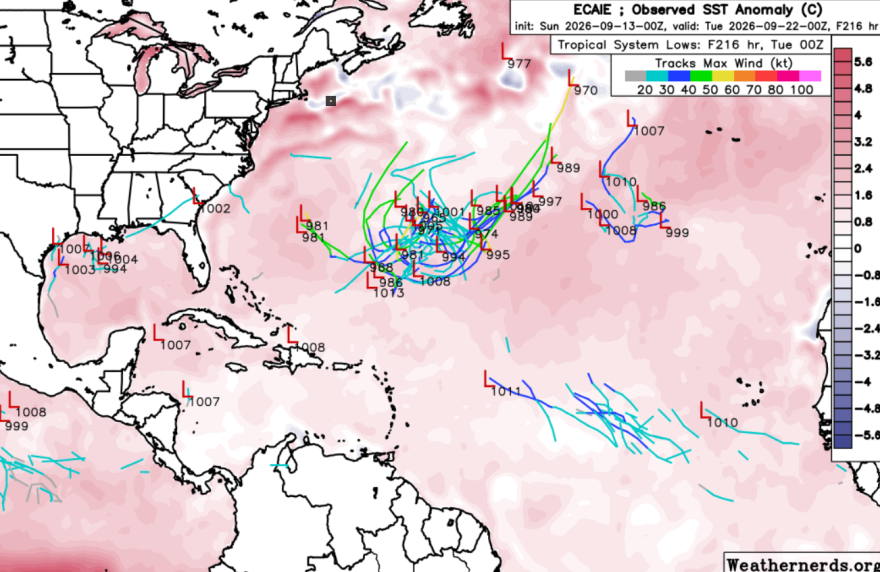 Spaghetti plot of models showing a potential future path of the disturbance east of Bermuda.