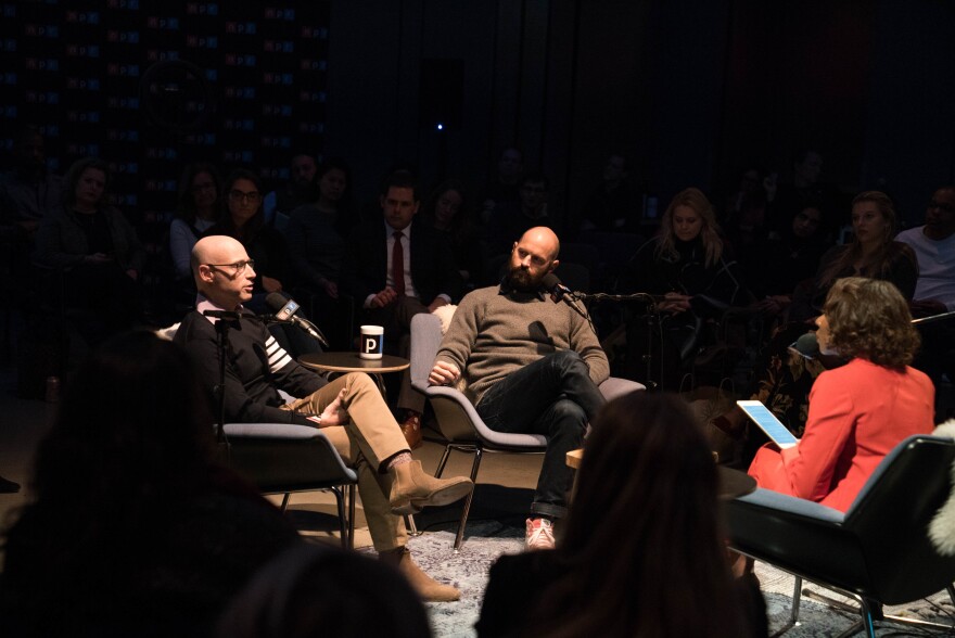 Matt Bai (left) and Jay Carson spoke with NPR's Audie Cornish in front of a live audience at NPR headquarters in Washington, D.C.