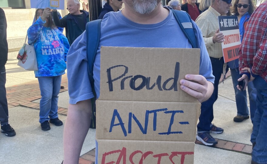 At a No Kings protest in Manchester, Andy Capen, 47, gathered with fellow community members outside City Hall. “I think we are heading down the road towards fascist tendencies if not full-blown fascism,” Capen said.