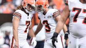 Cleveland, Ohio, USA; Cleveland Browns punter Jamie Gillan (7) and kicker Chase McLaughlin (3) celebrate after McLaughlin kicked a field goal during the second half against the Chicago Bears at FirstEnergy Stadium.