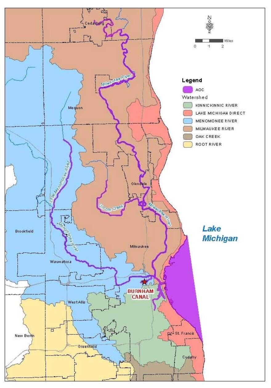 The Milwaukee estuary area of concern being cleaned up is shown in magenta.