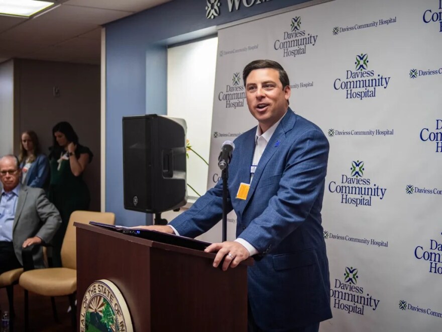 Justin Harris, CEO of Daviess County Hospital, speaks during a ribbon-cutting ceremony for a new women’s center on April 10, 2026.