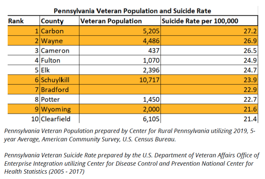 The Northeast Pennsylvania chapter of Together With Veterans launched last year in Carbon County. The group determined veteran suicide rates for each of the commonwealth's 67 counties.