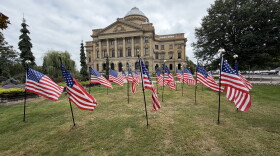 Luzerne County’s patriotic display of flags for America 250 and the county’s 240th anniversary is seen Friday, Aug. 28, outside the courthouse in Wilkes-Barre. County officials say a number of U.S. flags and the county flag were stolen from the display earlier in August.