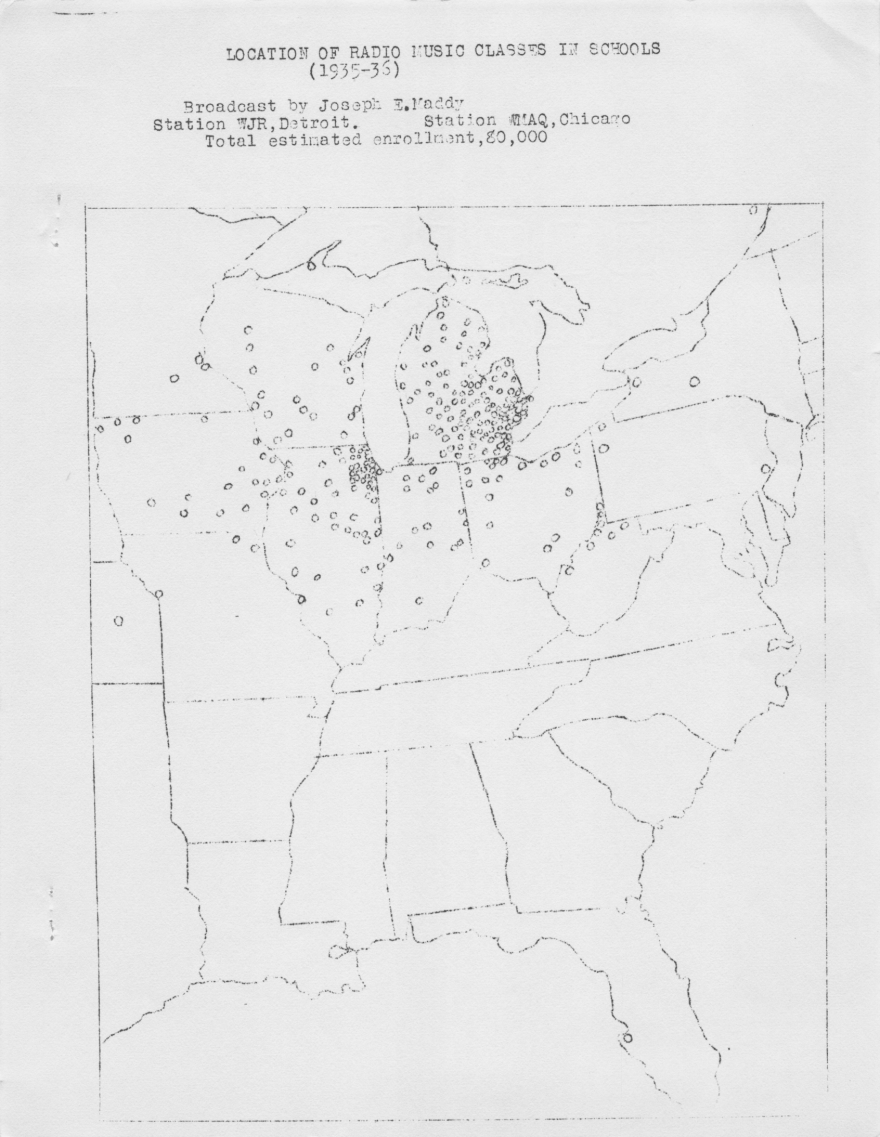Location of Radio Music Classes in Schools (1935-36), Broadcast by Joseph E. Maddy, Station WJR, Detroit. Station WMAQ Chicago. Total estimated enrollment, 80,000.