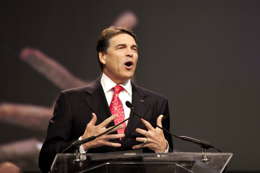 Governor Perry speaking last week at a prayer rally in Houston. Perry announced his intention to run for president today in South Carolina.