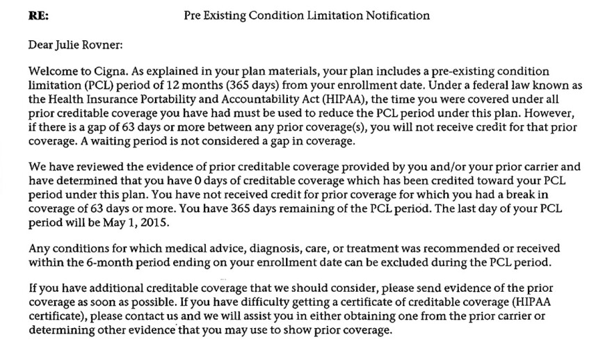 A second letter from Cigna to Julie Rovner provides proof of her past health coverage.