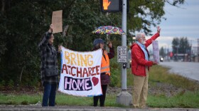 A few dozen Fairbanksans protested federal Immigration and Customs Enforcement activity throughout the city and rallied to support the release of Atcharee Buntow, 42, Aug. 23, 2025, in Fairbanks, Alaska.