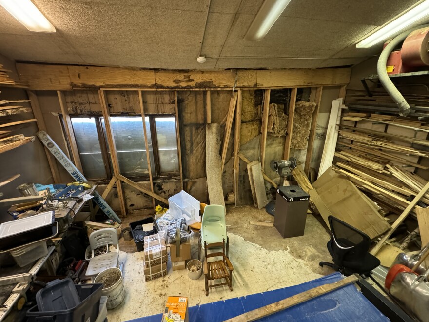 Damage inside the woodshop of Sleetmute’s school in 2024. The school district first requested funds from the state to repair a leaking roof in 2007.