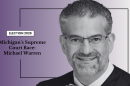 Black-and-white portrait of a man in glasses and a suit, with text about Michigan’s 2026 Supreme Court race and the name Michael Warren on a purple gradient background.
