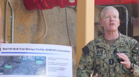 Joint Task Force-Red Hill Commander, U.S. Navy Vice Adm. John Wade briefs representatives from Hawaiʻi government agencies and the Hawaiʻi House of Representatives during a tour of the Red Hill Bulk Fuel Storage Facility, July 27, 2023.