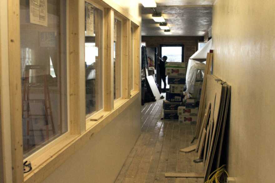 Icy Strait Brewing co-owner Tawney Letterman works on the brewery’s remodel of a former downtown Hoonah eatery. (Photo by Tripp J Crouse/KTOO)