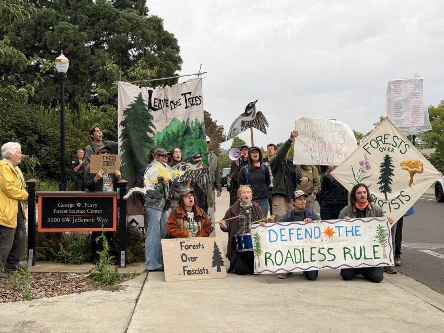 Protesters chant outside of George W. Peavy Forest Science Center at Oregon State University to object the removal of the roadless rule, Sept. 2, 2026.