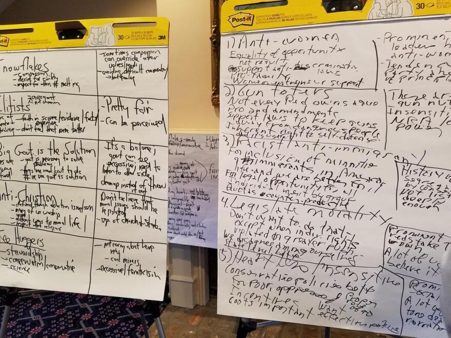 Liberals and conservatives list some of the stereotypes they face — as well as how they might arise — during a Better Angels exercise.