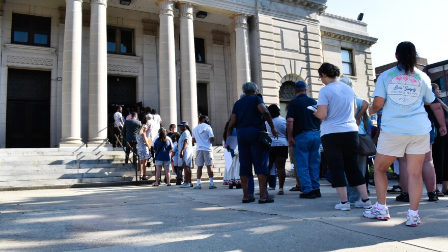 People file into the Old Richmond County Courthouse for a public hearing on Amazon's data center project.