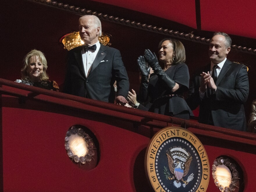 President Joe Biden, first lady Jill Biden, Vice President Kamala Harris and second gentleman Doug Emhoff attend the 45th Kennedy Center Honors at the John F. Kennedy Center for the Performing Arts in Washington, D.C. Sunday.