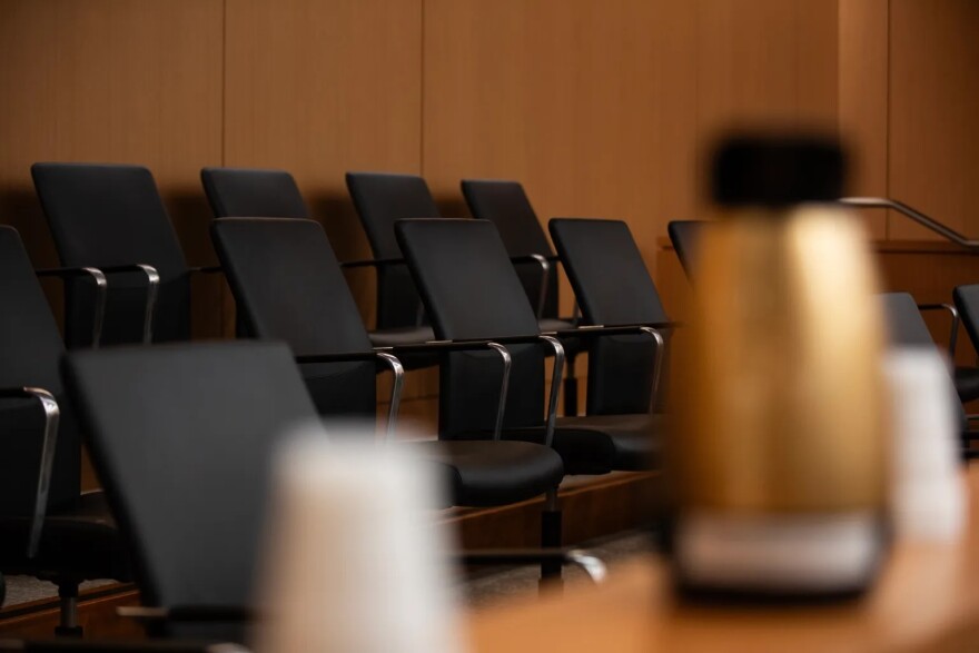 The jury box in a double-jury courtroom at San Diego Superior Court in downtown San Diego on Aug. 12, 2025. Jurors in these courtrooms participate in joint trials with multiple defendants.