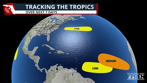 Tropical outlook showing the chance of development across the Atlantic basin for August 10, 2026.