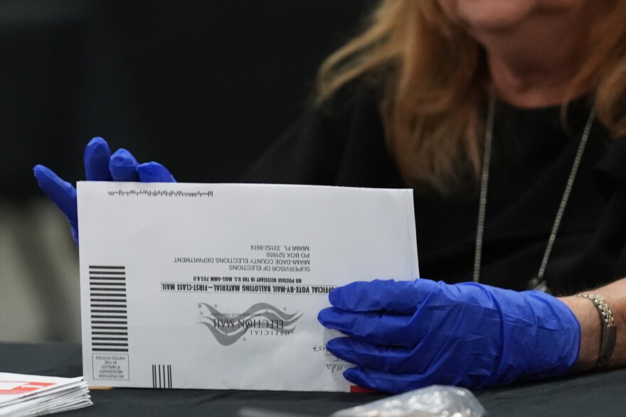 FILE — An election worker sorts vote-by-mail ballots at the Miami-Dade County Supervisor of Elections Office for the Florida primary election in Doral, Fla., Aug. 18, 2026.