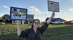 Franklin resident Sharon Hoffman protested outside a planning and zoning commission meeting over a proposal to allow data centers.