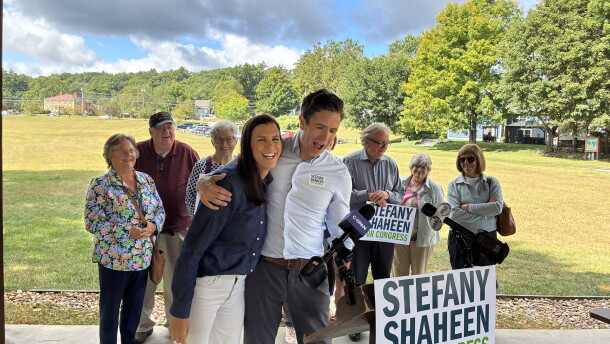 Christian Urrutia (center) endorsed former rival Stefany Shaheen in the Democratic primary for New Hampshire's 1st Congressional District at an event in Merrimack, Sunday, Sept. 6, 2026.